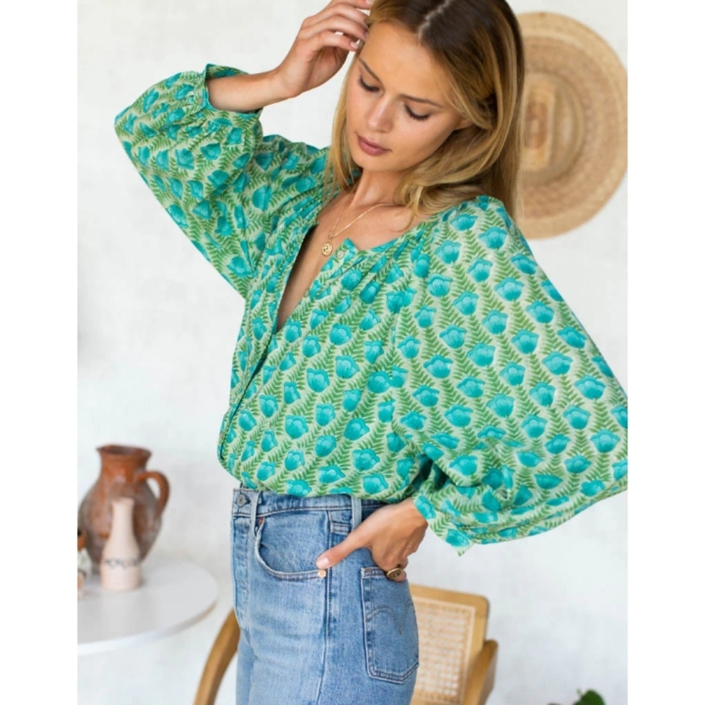 Emerson Fry India Collection Frances Blouse Organic Cotton Block Printed M